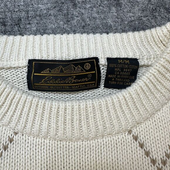 Vintage 90s Argyle Sweater Men Medium Cream Eddie Bauer - Picture 3 of 11